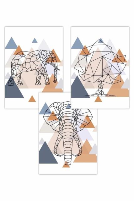 ARTZE Set of 3 Geometric Line Art Multi Blue Orange Elephant Art Posters - Size: W50 cm x H70 cm - image 1
