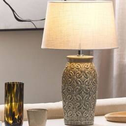 Wyld and Coco 48cm Grey Ceramic Lamp - Ornamental Pattern with Empire Cotton Shade