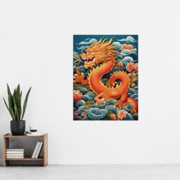 "Artery8 Wall Art Print Fantasy China Dragon Traditional Orange Clouds 2024 China Year Of The Dragon Poster in Red - Size: W24"" x H32""" - thumbnail 4