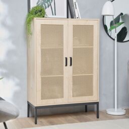 VonHaus Lena Rattan Effect Tall Living Room Storage Sideboard in Brown