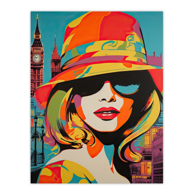 Artery8 Wall Art Print 1960s London Chic Retro Neon Orange Blue Woman Portrait With Big Ben Vibrant Bold Bright Colourful Painting Poster - image 1