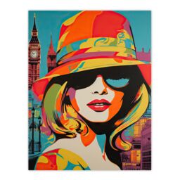 Artery8 Wall Art Print 1960s London Chic Retro Neon Orange Blue Woman Portrait With Big Ben Vibrant Bold Bright Colourful Painting Poster - thumbnail 1