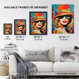 Artery8 Wall Art Print 1960s London Chic Retro Neon Orange Blue Woman Portrait With Big Ben Vibrant Bold Bright Colourful Painting Poster - thumbnail 3