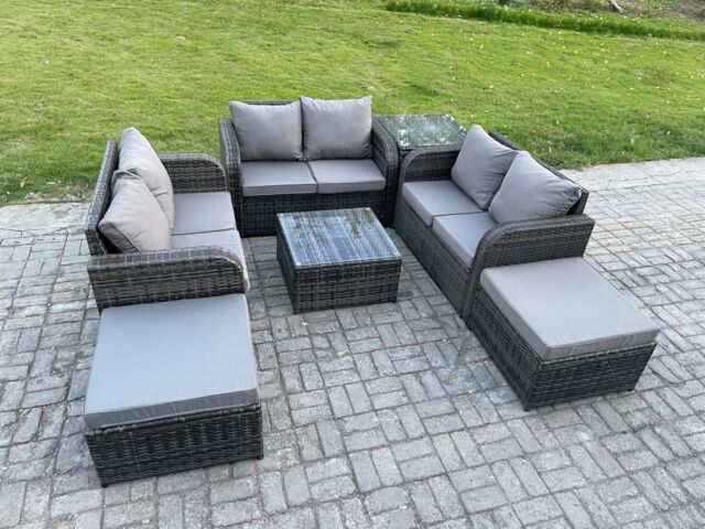 Fimous 8 Seater Outdoor Garden Furniture Sets Wicker Rattan Furniture Sofa Sets with Square Coffee Table Love seat Sofa 2 Big Footstool Side Table - image 1