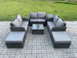 Fimous 8 Seater Outdoor Garden Furniture Sets Wicker Rattan Furniture Sofa Sets with Square Coffee Table Love seat Sofa 2 Big Footstool Side Table - thumbnail 2