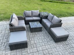 Fimous 8 Seater Outdoor Garden Furniture Sets Wicker Rattan Furniture Sofa Sets with Square Coffee Table Love seat Sofa 2 Big Footstool Side Table - thumbnail 1