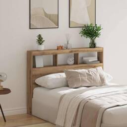 Berkfield Home Headboard Cabinet with LED Artisan Oak 140x17x102 cm in Brown - Size: 140 x 17 x 102 cm - thumbnail 4
