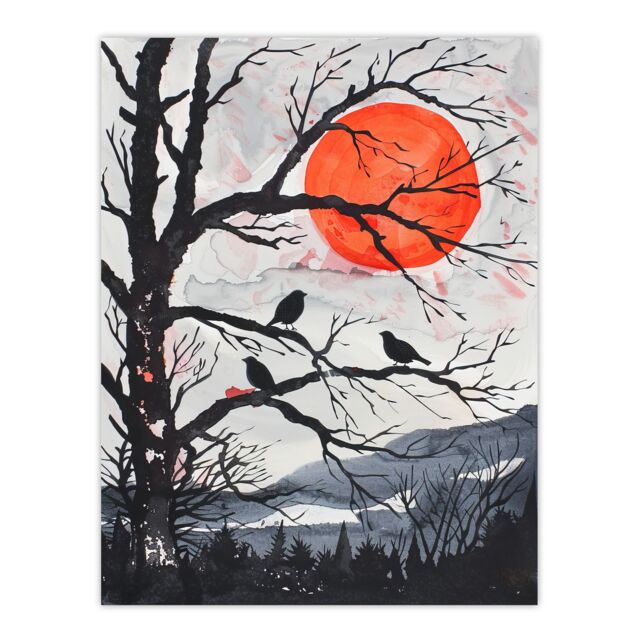 "Artery8 Red Winter Sun & Birds on Forest Tree Landscape Wall Art Print in Orange - Size: W24"" x H32""" - image 1