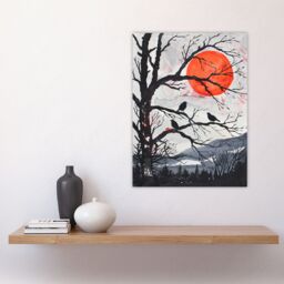 "Artery8 Red Winter Sun & Birds on Forest Tree Landscape Wall Art Print in Orange - Size: W24"" x H32""" - thumbnail 4
