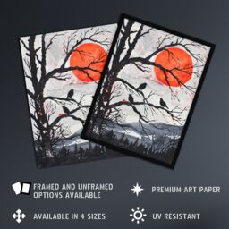"Artery8 Red Winter Sun & Birds on Forest Tree Landscape Wall Art Print in Orange - Size: W24"" x H32""" - thumbnail 2