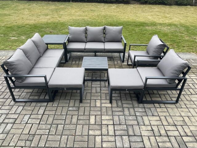 Fimous Aluminium Patio Outdoor Garden Furniture Lounge Sofa Set with Square Coffee Table 2 Chairs Side Table 2 Big Footstool Dark Grey - image 1