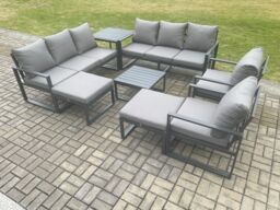 Fimous Aluminium Patio Outdoor Garden Furniture Lounge Sofa Set with Square Coffee Table 2 Chairs Side Table 2 Big Footstool Dark Grey - thumbnail 2