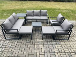 Fimous Aluminium Patio Outdoor Garden Furniture Lounge Sofa Set with Square Coffee Table 2 Chairs Side Table 2 Big Footstool Dark Grey - thumbnail 1