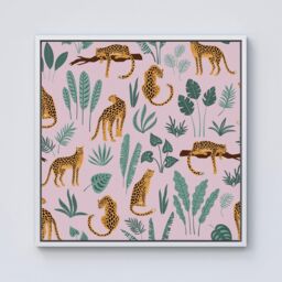 "Warren Reed - Designer Hand Drawn Leopards Framed Canvas in Off-White - Size: W30"" x H30""" - thumbnail 1