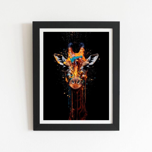 "Warren Reed - Designer Giraffe Face Splashart Framed Art Print in Black - Size: W12"" x H16""" - image 1