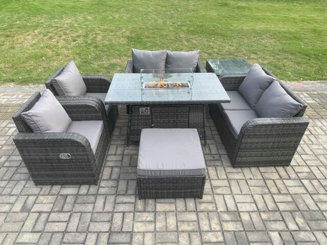 Fimous 7 Seater Rattan Garden Furniture Set Propane Gas Fire Pit Table & Sofa Chair set with Big Footstool Side Table in Dark Grey - image 1