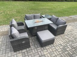 Fimous 7 Seater Rattan Garden Furniture Set Propane Gas Fire Pit Table & Sofa Chair set with Big Footstool Side Table in Dark Grey - thumbnail 3