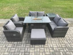 Fimous 7 Seater Rattan Garden Furniture Set Propane Gas Fire Pit Table & Sofa Chair set with Big Footstool Side Table in Dark Grey - thumbnail 1