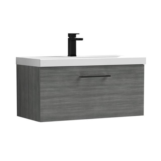 Balterley 800mm Wall Hung 1 Drawer Vanity, Woodgrain Anthracite, Black Handle in Grey - image 1