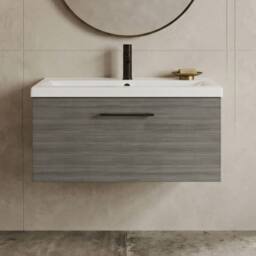 Balterley 800mm Wall Hung 1 Drawer Vanity, Woodgrain Anthracite, Black Handle in Grey - thumbnail 9