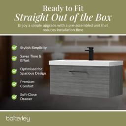 Balterley 800mm Wall Hung 1 Drawer Vanity, Woodgrain Anthracite, Black Handle in Grey - thumbnail 4