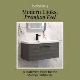 Balterley 800mm Wall Hung 1 Drawer Vanity, Woodgrain Anthracite, Black Handle in Grey - thumbnail 7