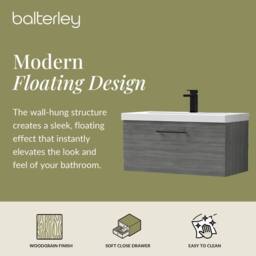 Balterley 800mm Wall Hung 1 Drawer Vanity, Woodgrain Anthracite, Black Handle in Grey - thumbnail 2
