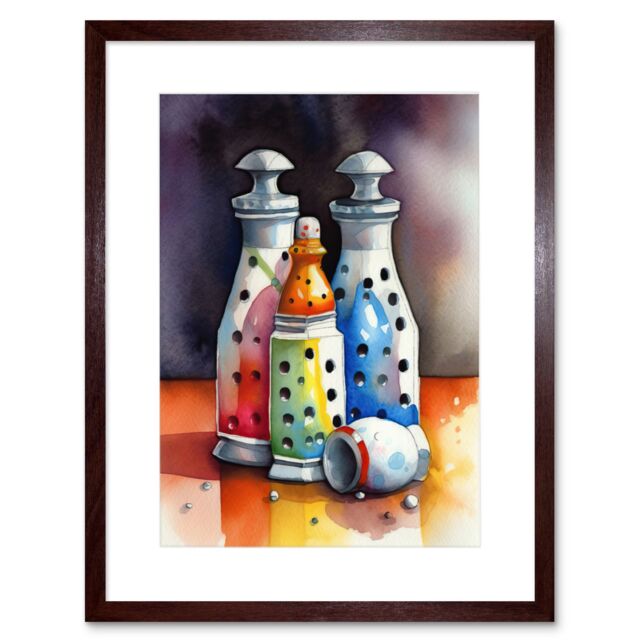 "Artery8 Wall Art Print Salt & Pepper Ceramic Shakers Modern Folk Art Kitchen Artwork Framed 9X7 Inch in Brown - Size: W7"" x H9""" - image 1