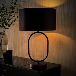 ValueLights Antonia Black Velvet Drum Shade Matte Black Oval Table Lamp with Bulb