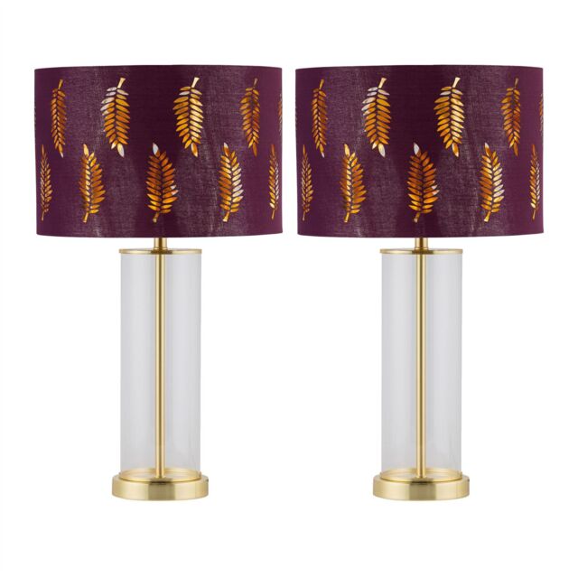 First Choice Lighting Set of 2 Aura - Satin Brass Table Lamps with Burgundy Fern Shades in Gold - image 1