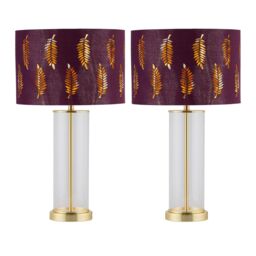 First Choice Lighting Set of 2 Aura - Satin Brass Table Lamps with Burgundy Fern Shades in Gold