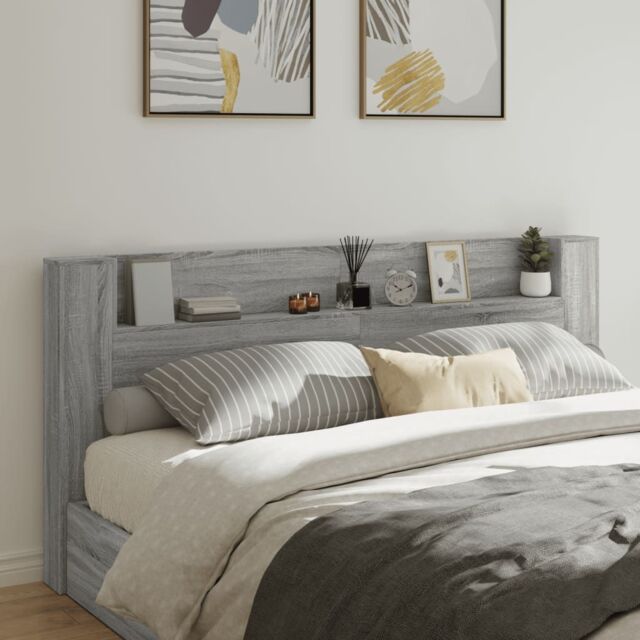 Berkfield Home Headboard Cabinet with LED Grey Sonoma 220x16.5x103.5 cm - image 1
