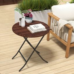 OUTSUNNY Foldable Outdoor Coffee Table, Metal Frame PE Rattan Side Table, Mixed Brown - thumbnail 1