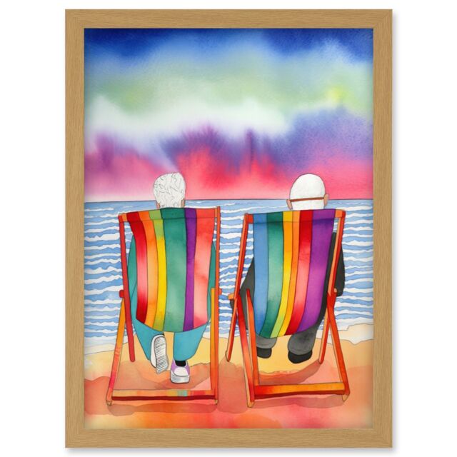 Artery8 Elderly Couple Sitting At The Beach Looking At The Sunset Sky Watercolour Illustration Artwork Framed Wall Art Print A4 in Light Oak - image 1
