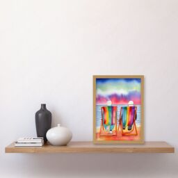 Artery8 Elderly Couple Sitting At The Beach Looking At The Sunset Sky Watercolour Illustration Artwork Framed Wall Art Print A4 in Light Oak - thumbnail 2