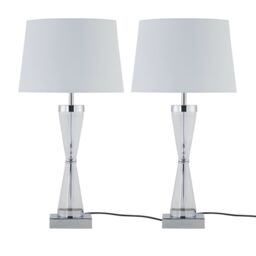 First Choice Lighting Set of 2 Chrome Touch Lamps with White Cotton Shades in Silver