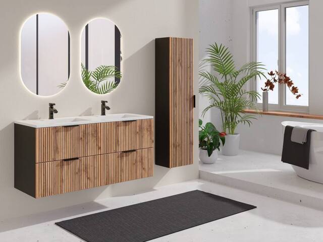 Vente-unique Fluted Wall-Hung Bathroom Unit With Inset Basin & Tall Unit - Light in Black - image 1