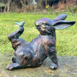 Animal Crackers Playful Rabbit With A Bird On His Foot Home Or Garden Decoration in Bronze - thumbnail 4
