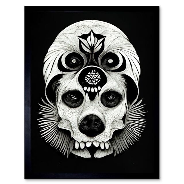 "Artery8 Wall Art Print Day Of The Dead Dog Skull Head Drawing Halloween Art Framed in Black - Size: W12"" x H16""" - image 1