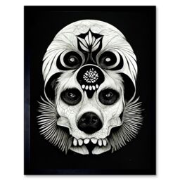 "Artery8 Wall Art Print Day Of The Dead Dog Skull Head Drawing Halloween Art Framed in Black - Size: W12"" x H16""" - thumbnail 1