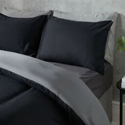 OHS Plain Dyed Reversible Duvet Cover Cover with Pillowcase Set in Black - Size: King - thumbnail 4