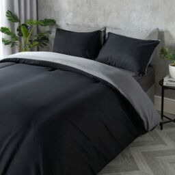 OHS Plain Dyed Reversible Duvet Cover Cover with Pillowcase Set in Black - Size: King - thumbnail 3