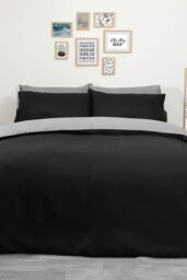 OHS Plain Dyed Reversible Duvet Cover Cover with Pillowcase Set in Black - Size: King - thumbnail 1