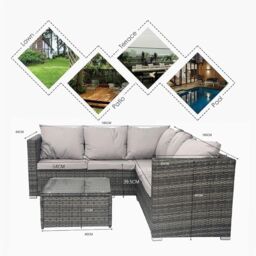 Alivio 5 Seater Rattan Corner Sofa Set, PE Rattan Garden Furniture Set with Coffee Table, Anti-UV Cushions for Indoor Outdoor - Grey - thumbnail 4