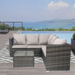Alivio 5 Seater Rattan Corner Sofa Set, PE Rattan Garden Furniture Set with Coffee Table, Anti-UV Cushions for Indoor Outdoor - Grey - thumbnail 2