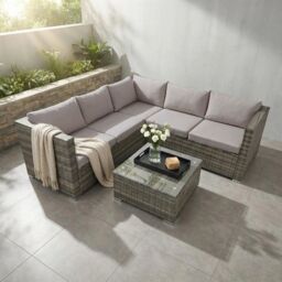 Alivio 5 Seater Rattan Corner Sofa Set, PE Rattan Garden Furniture Set with Coffee Table, Anti-UV Cushions for Indoor Outdoor - Grey - thumbnail 8