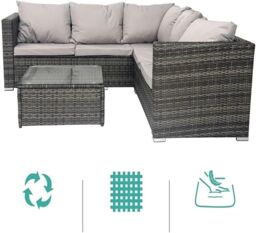 Alivio 5 Seater Rattan Corner Sofa Set, PE Rattan Garden Furniture Set with Coffee Table, Anti-UV Cushions for Indoor Outdoor - Grey - thumbnail 5
