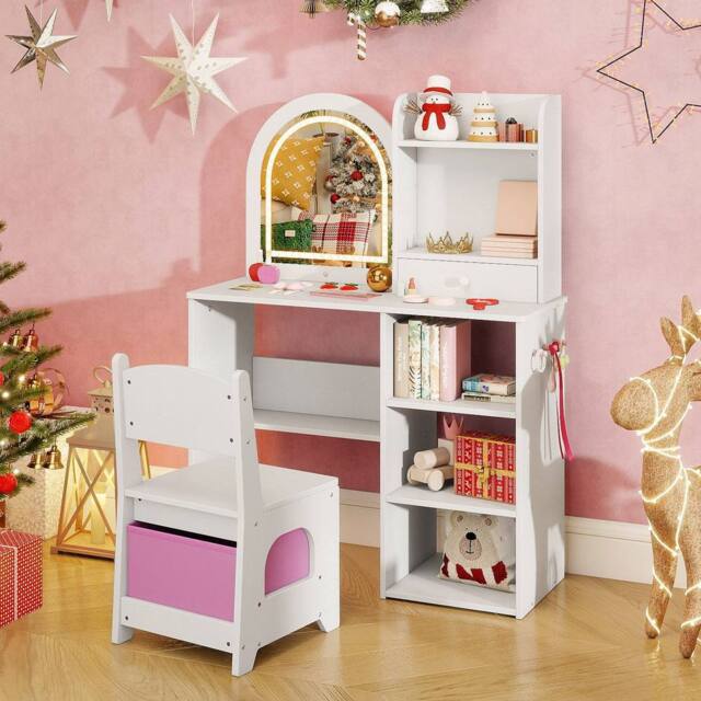 Costway Kids Vanity Table & Chair Set Dressing Table Set w/Drawer & Shelves in White - image 1