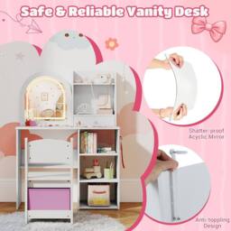 Costway Kids Vanity Table & Chair Set Dressing Table Set w/Drawer & Shelves in White - thumbnail 9