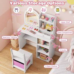 Costway Kids Vanity Table & Chair Set Dressing Table Set w/Drawer & Shelves in White - thumbnail 6